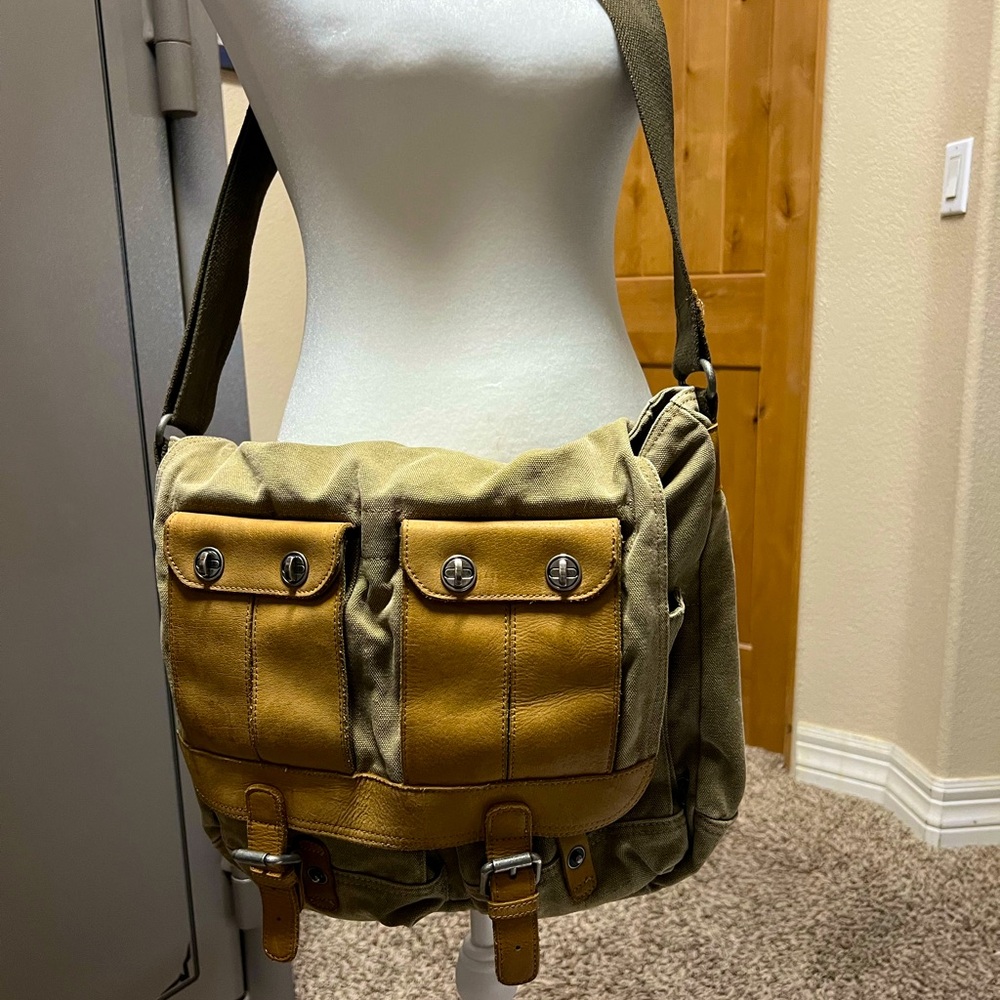 TSD BRAND FOREST Canvas Satchel Messenger Bag with Leather pockets and accents.